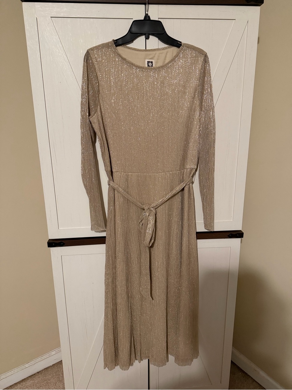 Anne Klein Shimmery Gold Long-Sleeve Midi Dress with Tie Waist